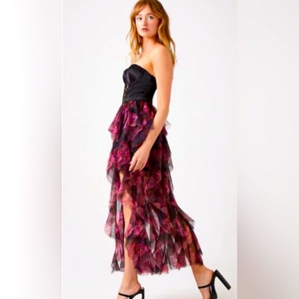 Thirty Thirty Black and PinkCorset Ruffled High Low Dress Size Large